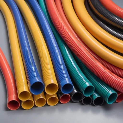 Prompt: PVC hoses with several colors, some with corrugated texture, some with plain texture, with curves and like a vector