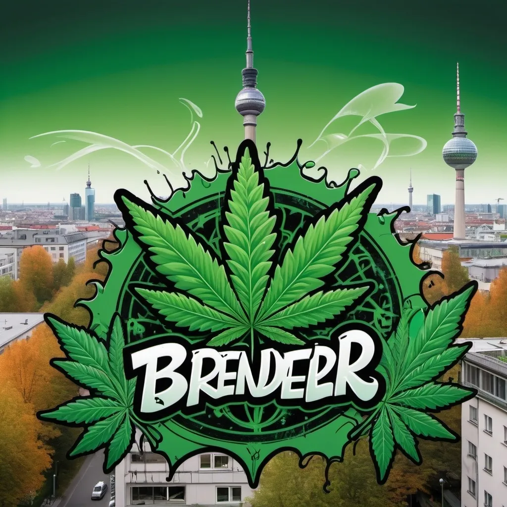 Prompt: Logo Name BRLNR BREEDER vor dem Berliner Fernsehturm in grün mit Graffiti geschrieben und Cannabis Blatt im hintergund und trichomen und buds