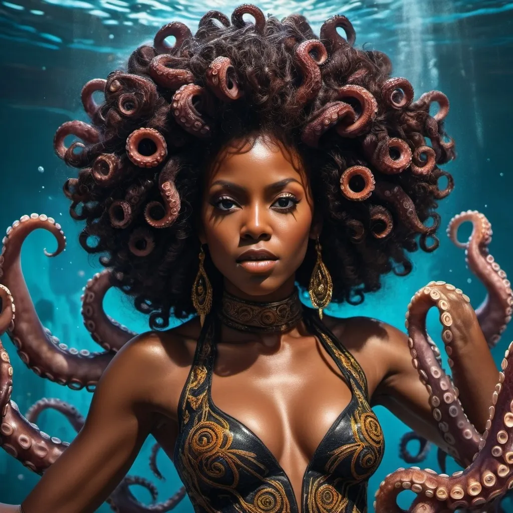 Prompt: a powerful black woman that  is darkskinned with an afro and is inspired by an octopus

 
