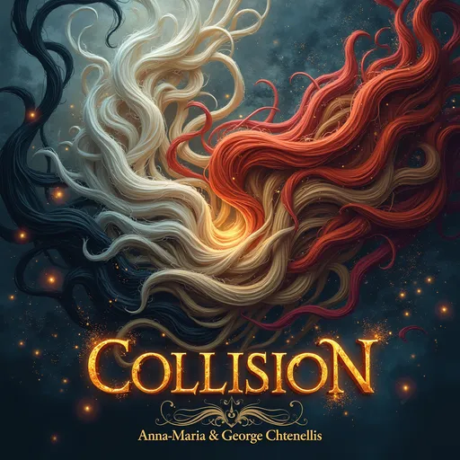 Prompt: Create a stunning fantasy book cover featuring an intricate, tangled mass of hair strands flowing across the scene. The hair should include a variety of colors—red, auburn, brown, black, blonde, white—and textures—straight, curly, coily, wavy—intertwined chaotically to symbolize diverse species and worlds. The background should evoke a mystical, epic fantasy landscape with swirling skies, shimmering stars, and magical energy. Incorporate subtle fantasy symbols or runes hidden within the tangled hair for added mystique. The overall tone should be dark and mystical with vibrant accents to make the hair strands stand out. The title "Collision" should be bold, enchanted, and slightly distressed, glowing subtly, with the authors' names "Anna-Maria & George Chtenellis" in elegant, smaller font at the bottom