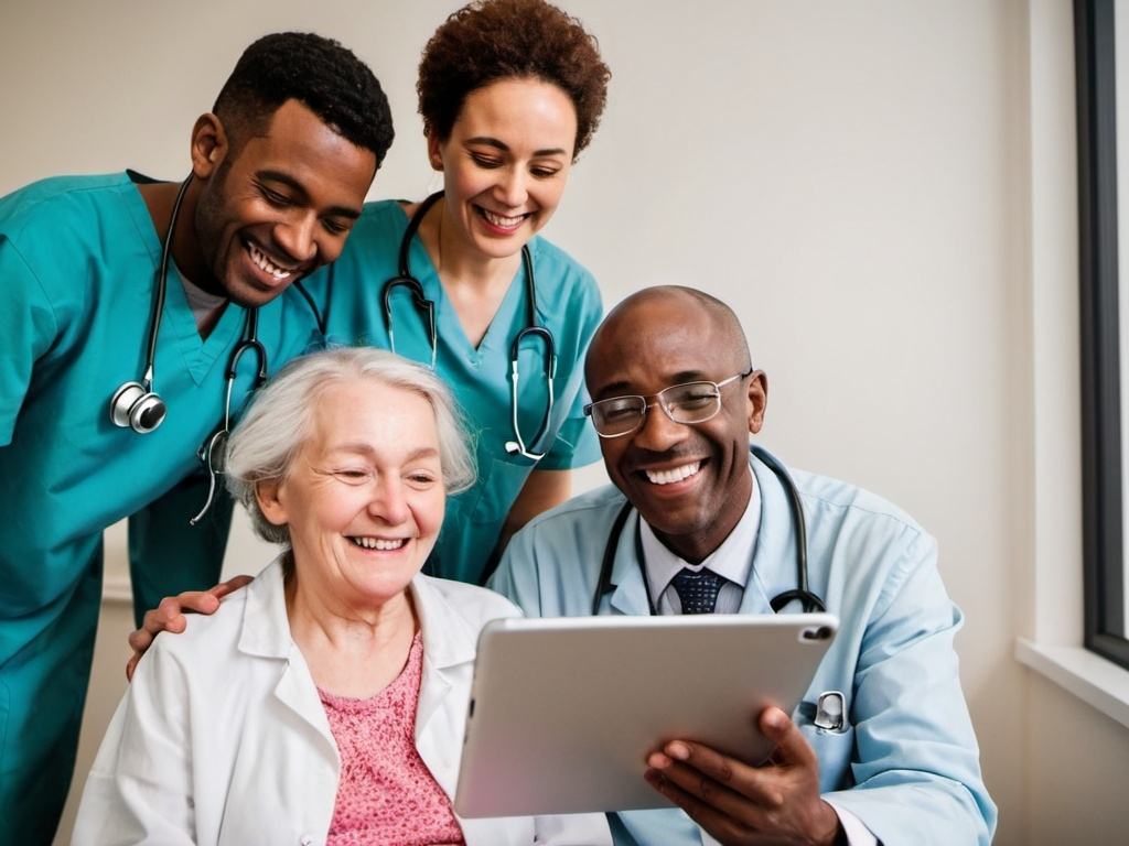 Prompt: one old woman with mild cognitive impairment, and a black male doctor helping her. both smiling. doctor holding a computer or ipad or device that has machine learning related charts on it. both look happy. make sure that the old woman is a patient with dementia but happy and smiling.