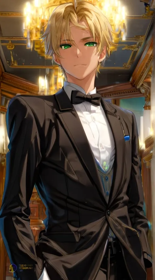 Prompt: 1boy, male_focus, solo, chandelier, black_bow, formal, bow, bowtie, green_eyes, black_bowtie, looking_at_viewer, shirt, white_shirt, suit, brown_hair, black_jacket, jacket, blue_eyes, indoors, short_hair, bangs, black tuxedo, long_sleeves, hands_in_pockets, black_pants, pants, collared_shirt, big forehead, mole_under_eye, mole, closed_mouth, portrait, blonde_hair, short_hair, hair away from forehead, giant forehead, clean forehead, no hair on forehead, pure forehead, forehead