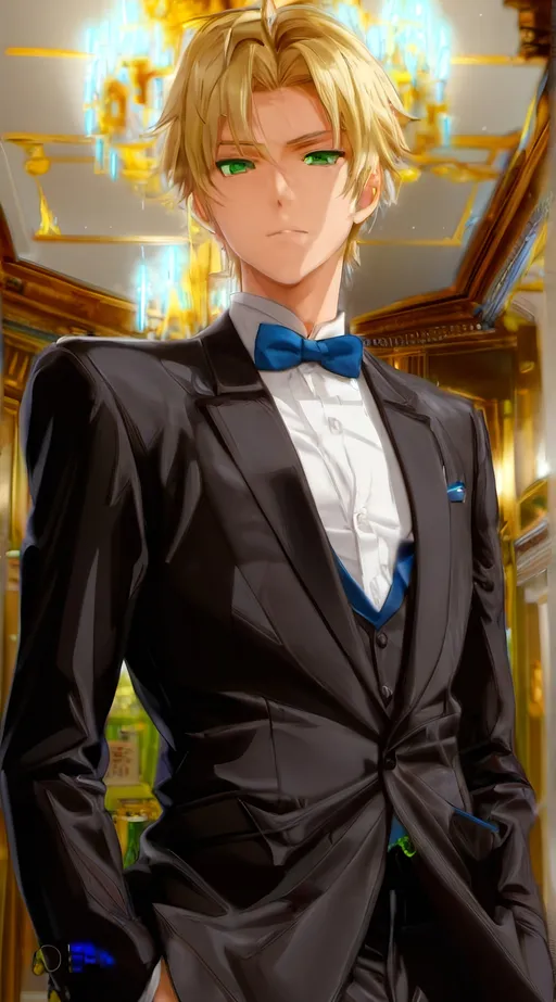 Prompt: 1boy, male_focus, solo, chandelier, black_bow, formal, bow, bowtie, green_eyes, black_bowtie, looking_at_viewer, shirt, white_shirt, suit, brown_hair, black_jacket, jacket, blue_eyes, indoors, short_hair, bangs, black tuxedo, long_sleeves, hands_in_pockets, black_pants, pants, collared_shirt, big forehead, mole_under_eye, mole, closed_mouth, portrait, blonde_hair, short_hair, hair away from forehead, giant forehead, clean forehead, no hair on forehead, pure forehead, forehead, brown hair 