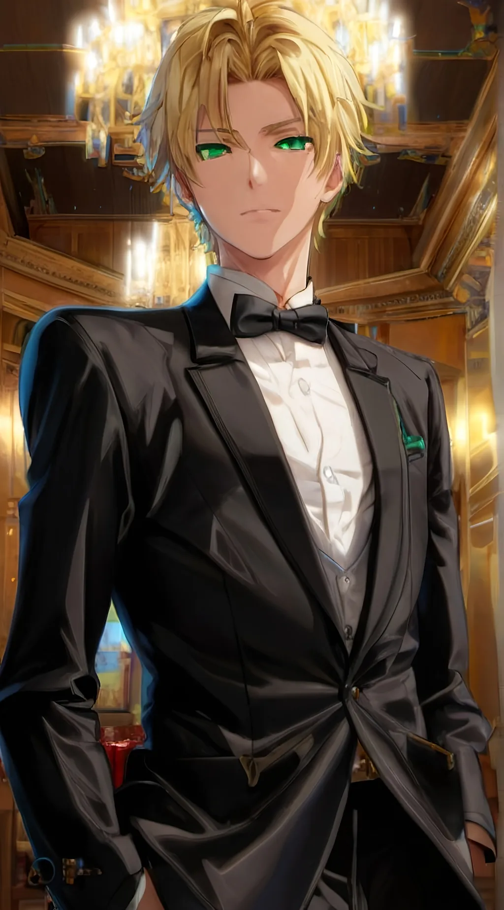 Prompt: 1boy, male_focus, solo, chandelier, black_bow, formal, bow, bowtie, green_eyes, black_bowtie, looking_at_viewer, shirt, white_shirt, suit, brown_hair, black_jacket, jacket, blue_eyes, indoors, short_hair, bangs, black tuxedo, long_sleeves, hands_in_pockets, black_pants, pants, collared_shirt, big forehead, mole_under_eye, mole, closed_mouth, portrait, blonde_hair, short_hair, hair away from forehead, giant forehead, clean forehead, no hair on forehead, pure forehead, forehead