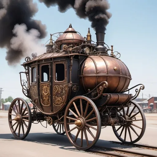 Prompt: upside down  simple steam punk carriage without roof, on a roof wires and wheels, smoke