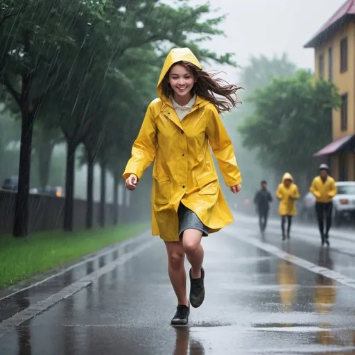 Prompt: Draw me a girl in a yellow raincoat happily running around in the rain