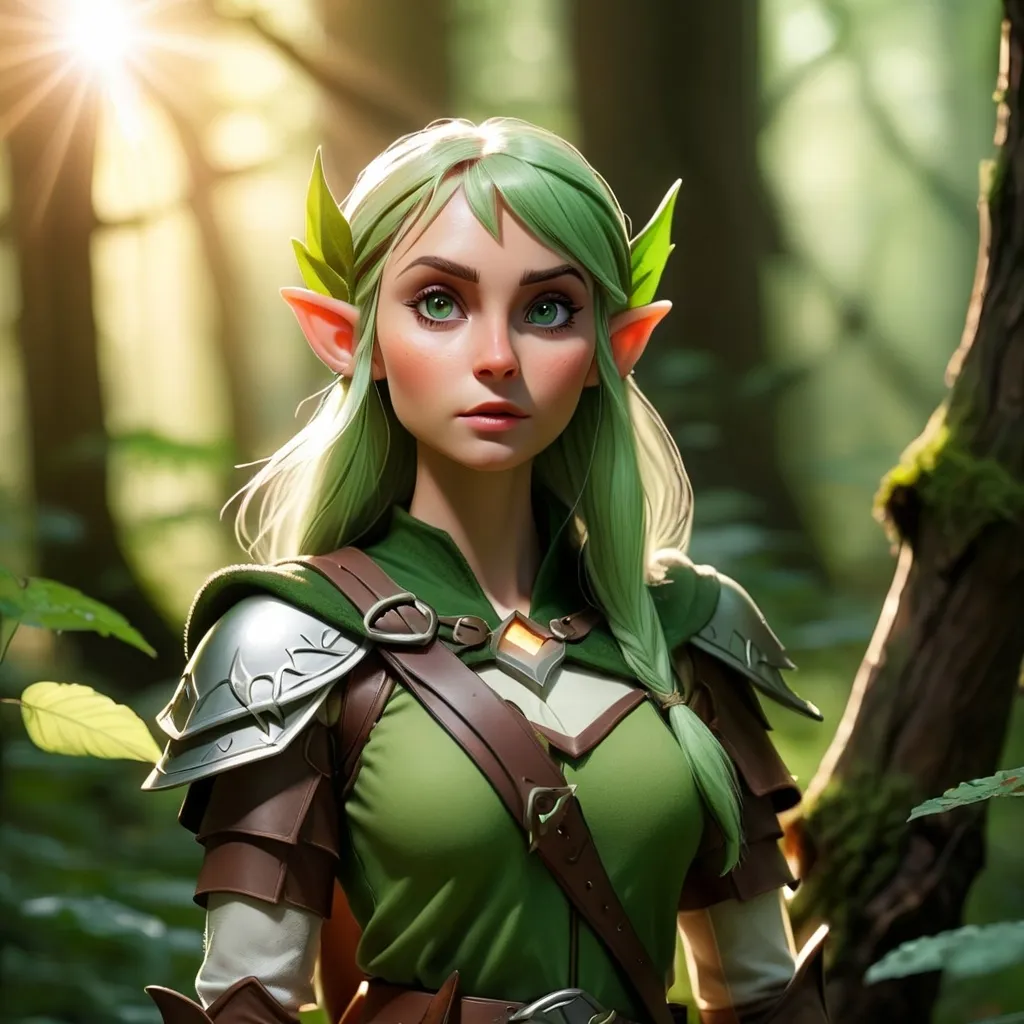 Prompt: Elf ranger in a mystical forest around sunlight