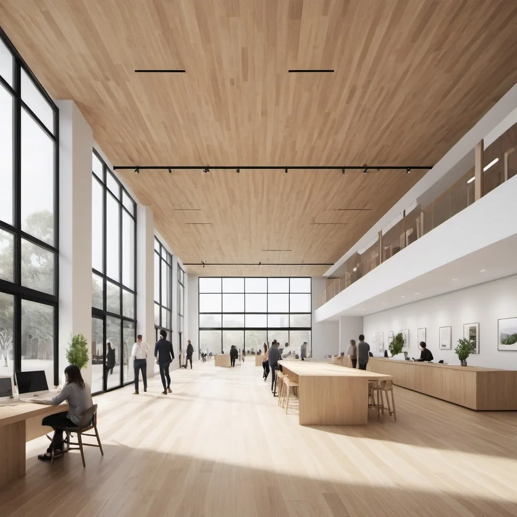 Prompt: can you create an image for me with following:
- this is a big workspace
- following Sanaa architects ideas for New South Wales Art Gallery
- create an image like architectural render show the lightness and open plan for this workplace
- 3 storeys 
- Have their signage "Yosemite' some where
- this is for client presentation
- they are selling timber flooring
- it is a 3500 sqm place
- open ceiling shows structure
- more minimalism but with natural wood colour