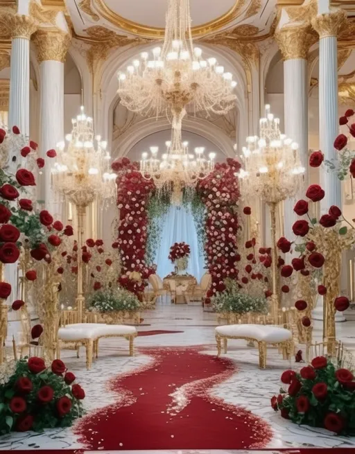 Prompt: Create a luxurious royal wedding scene set in an enormous white hall with breathtaking, opulent details. The space is adorned with massive rose installations featuring deep red roses, accented by touches of gold for a regal ambiance. The decor combines elegance and grandeur, with intricate royal patterns and lavish embellishments throughout. The overall atmosphere exudes sophistication, romance, and majesty.