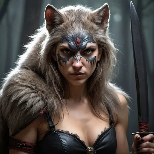 Prompt: femme loup garou tête de rat guerrière