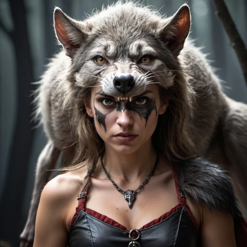 Prompt: femme loup garou tête de rat guerrière