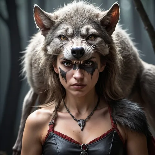 Prompt: femme loup garou tête de rat guerrière