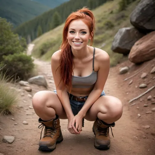 Prompt: a hyper realistic girl with red hair in a ponytail tan flawless with no shirt underneath wearing jeans and a belt in hiking boots looking happy and smiling kneeling on the gound looking up at camera looking down at her