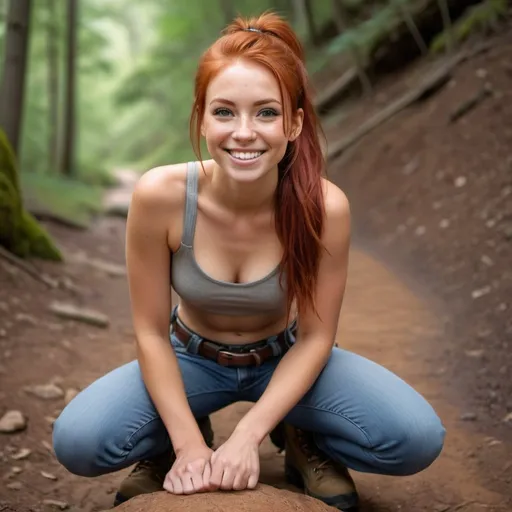 Prompt: a hyper realistic girl with red hair in a ponytail tan flawless with no shirt wearing jeans and a belt in hiking boots looking happy and smiling kneeling on the gound looking up at camera looking down at her
