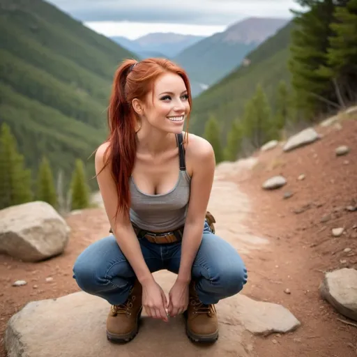 Prompt: a hyper realistic girl with red hair in a ponytail tan flawless with no shirt  wearing jeans and a belt in hiking boots looking happy and smiling kneeling on the gound looking up at camera looking down at her