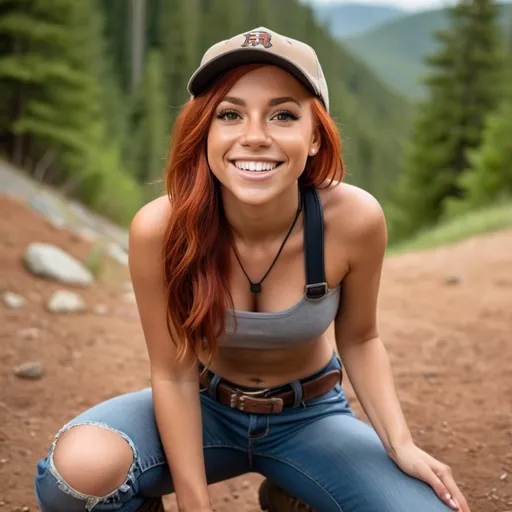 Prompt: a hyper realistic girl with red hair  tan flawless with no shirt  wearing jeans and a belt in hiking boots looking happy and smiling kneeling on the gound looking up at camera looking down at her with a baseball hat 