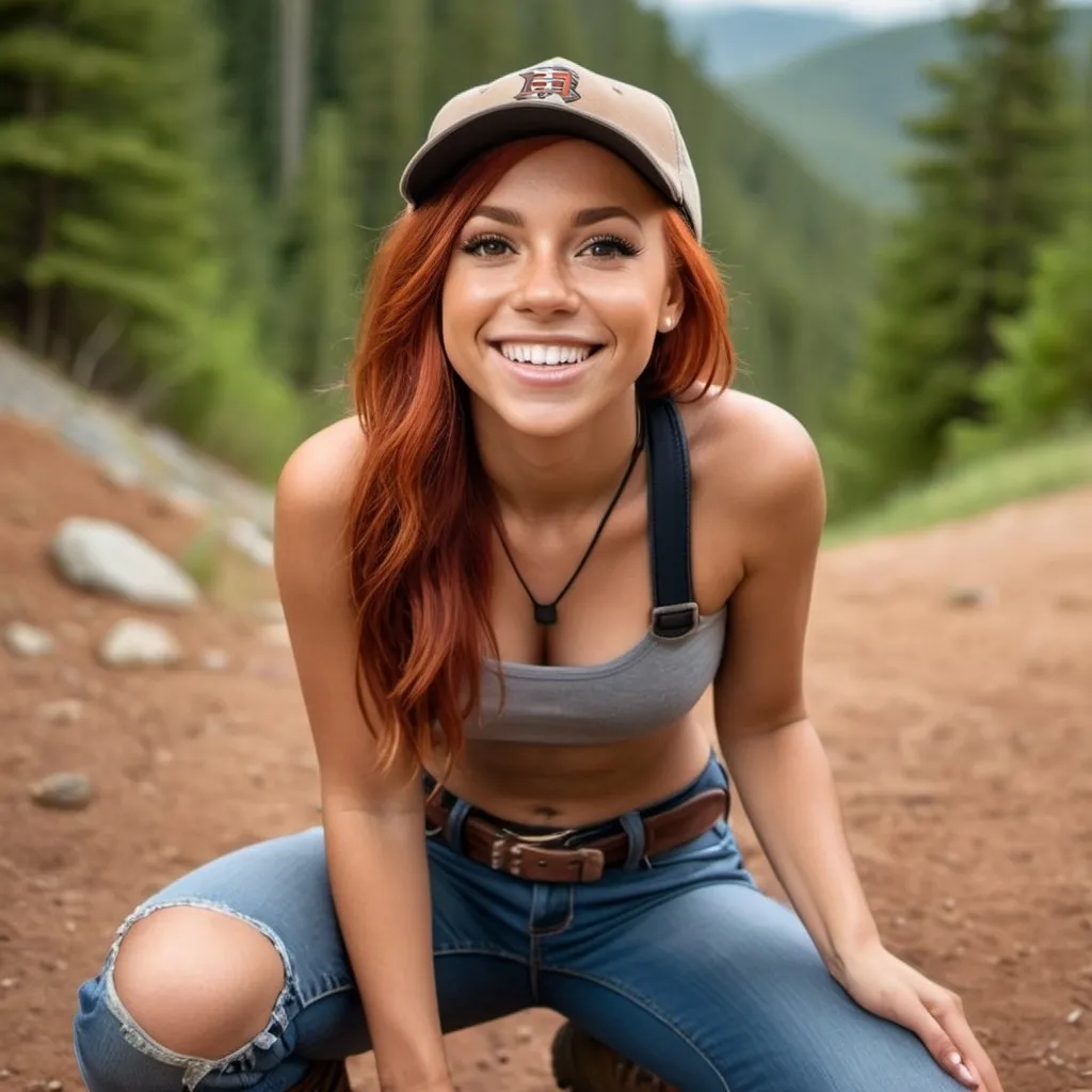 Prompt: a hyper realistic girl with red hair  tan flawless with no shirt  wearing jeans and a belt in hiking boots looking happy and smiling kneeling on the gound looking up at camera looking down at her with a baseball hat 