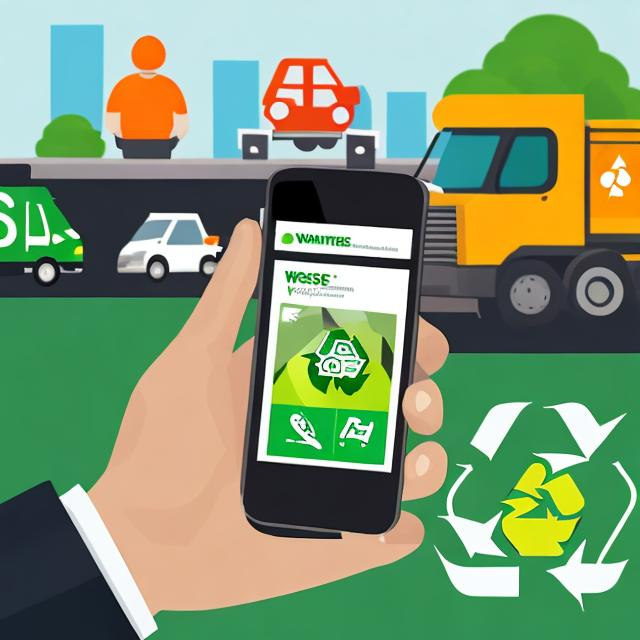 Prompt: guy holding mobile phone using the waste managment application, environment friendly, along with waste managment truck, show some concept
