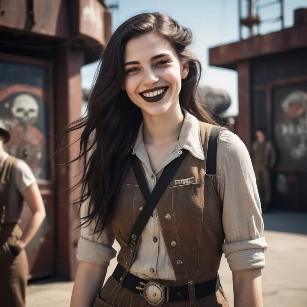 Prompt: A photo real, slim, slightly androgynous young woman with long dark hair, smiling eyes, a warm toothy grin, and dark lip shade greeting her friend outside a space port on a sunny day but in a gritty, dieselpunk setting.