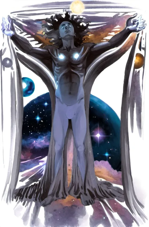 Prompt: A psychic magic-user holding open his robe to reveal a cosmic scene his body seems to fade into