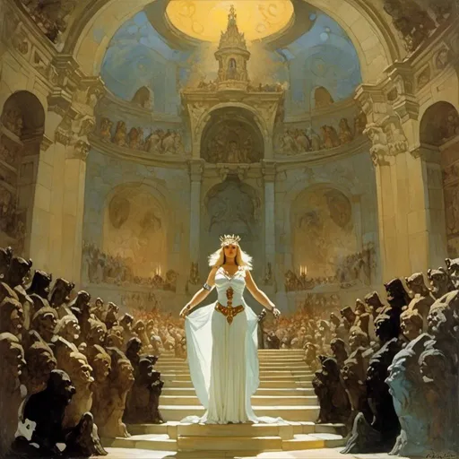 Prompt: The queen of an ancient civilization in her vast hall and illustrated by Frank Frazetta <mymodel>