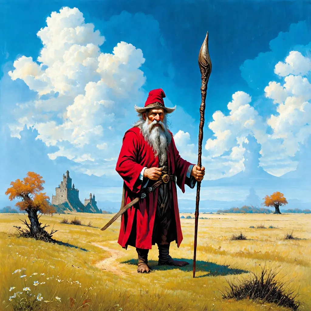 Prompt: a realistic painting by Ted Nasmith of a tall old wizard with a staff and wearing red and exploring a vast wild land