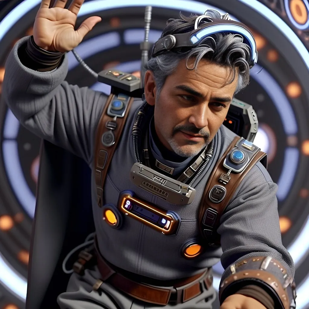 Prompt: a man in a blueish gray space shirt with a chest mounted control panel and brown pants and peppered brown and gray hair standing unkempt and a leather band on his forehead wielding a glowing sword, photo retrofuturism, vfx, a character portrait