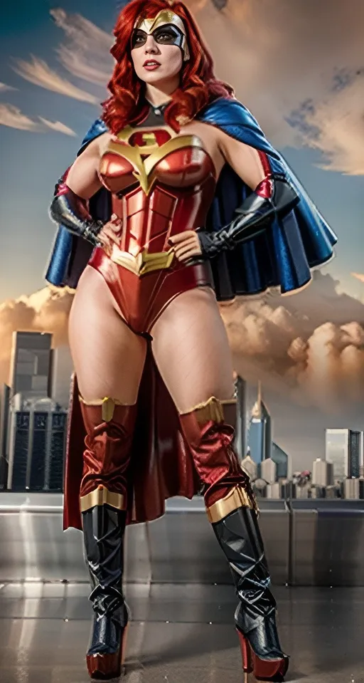 Prompt: Masked Superwoman (Kristin Wells) with her red hair spilling out over her shoulders and with Metropolis in the background, realistic, photo, film, cinematic