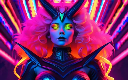 Prompt: Ombre color scheme of neon pink, neon blue, neon yellow, neon green, neon orange BREAK sleeping in another underworld, demonic female full body, fractal little horns, ultra detailed outfit, 32k, divine proportion, dim cinematic lighting, ultra detailed textures, perfect proportions, ultra-glow detailed art by Artgerm and Rubens, legendary person, noir-inspired portrait, exuding a sense of mysterious allure and captivating the viewer with its enigmatic gaze, dramatic character <mymodel>