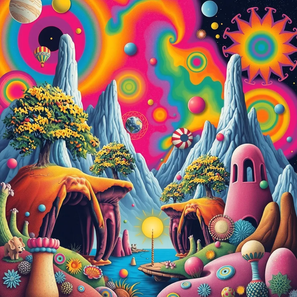 Prompt: Surreal Psychedelic Decalcomania, fantasy landscape