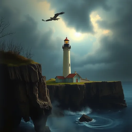 Prompt: William-Adolphe Bouguereau style, oil painting, oil painting, A lonely lighthouse on a windswept cliff, surrounded by the remains of a forgotten fishing village and a mysterious cave system beneath the cliffs, dramatic clouds, dark clouds, (misty:1.5), fog rolling in, creepy atmosphere, dramatic light, (darkness:2.5) 34K uhd, masterpiece, high detail, 8k, intricate, detailed, high resolution, high res, high quality, , highly detailed, Extremely high-resolution details, fine texture,i¼