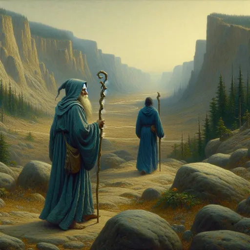 Prompt: (Camera long shot) we see two wizards in the far distance exploring a vast wilderness BREAK The Helper of the East, an old wizard wearing a sea-blue robe and holding a staff and with tanned skin, and with him is a second, taller old yet hale wizard who is called the Slayer of Darkness and he is wearing a sea-blue robe and holding a staff and he has dark skin BREAK both wizards wear different styles of robes BREAK these wizards are seen from a distance as they are exploring a vast and strange and wild land BREAK painting by Ted Nasmith