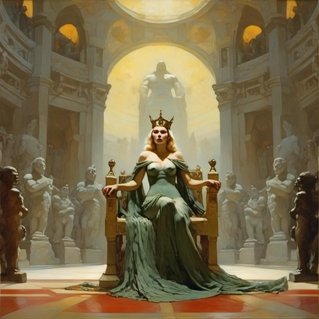 Prompt: The queen of an ancient civilization in her vast hall and illustrated by Frank Frazetta <mymodel>