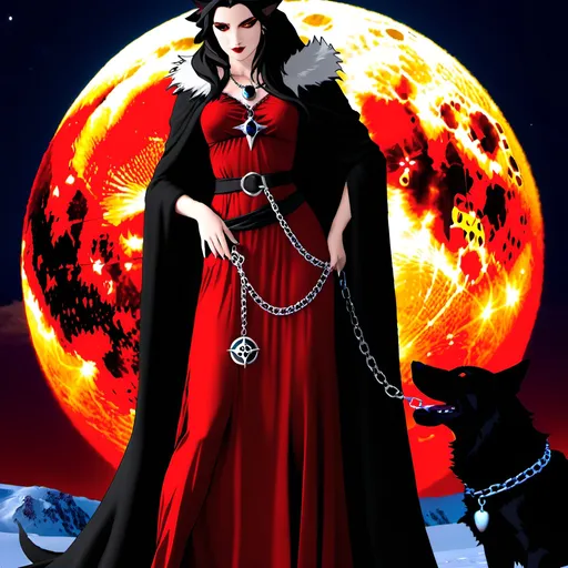 Prompt: The goddess Hecate looking down at the viewer with the full moon looming  behind her and a chained hellhound (brownish red fur, glowing red eyes) at her side