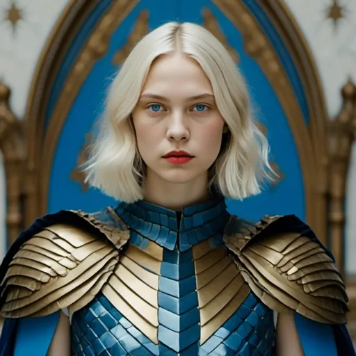 Prompt: <mymodel> amano, warrioroflight, androgynous, long beautiful white hair, blue armor, gold trim, horned helmet, fake horns, cape,  1920s ,  , gothic,   , leyendecker,  , suspiria, neon blue, polaroid, 1960s film still, saturated colors, colorful, stark contrast,  , masterpiece, best quality, solo,  bouguereau, flowing fabric and hair