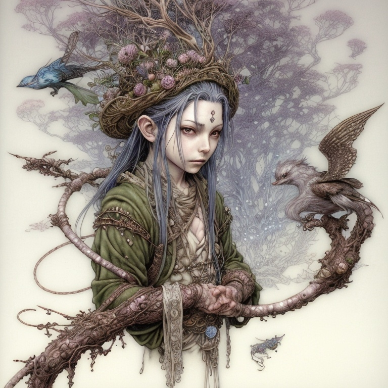 Prompt: Radagast the Brown in an illustration by Yoshitaka Amano, Daniel Merriam, fantasy art, yukito kishiro, a detailed painting, The Art of Yoshitaka Amano