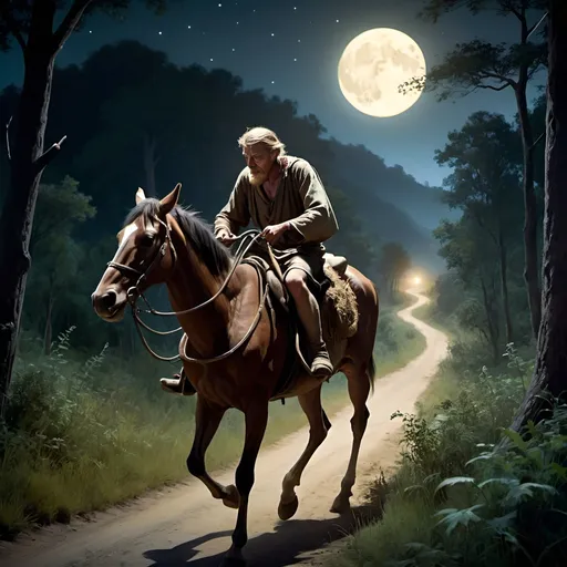Prompt: The Erlking pursues a rider in the night who carries his ill son in a desperate ride through the wilds to find medical care