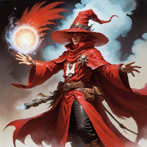 Prompt: A red robed red mage from Final Fantasy with a broad brimmed feathered hat casting a spell during battle drawn in the style of Frank Frazetta 