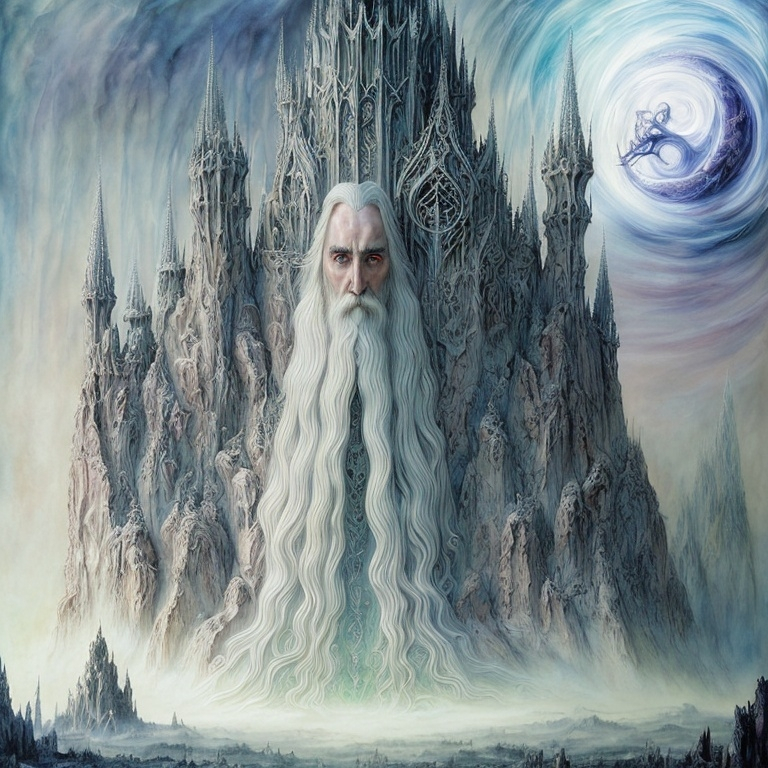 Prompt: Saruman the White in an illustration by Yoshitaka Amano, Daniel Merriam, fantasy art, yukito kishiro, a detailed painting, The Art of Yoshitaka Amano