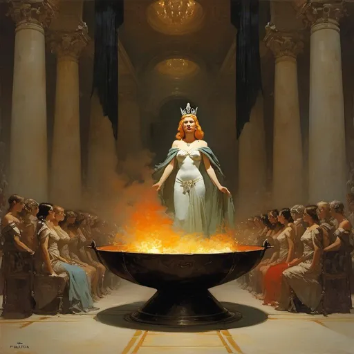 Prompt: The queen of an ancient civilization in a brazier lit hall and illustrated by Frank Frazetta <mymodel>