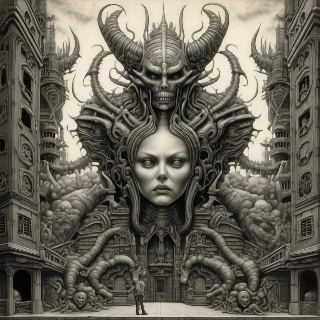 Prompt: grayscale H. R. Giger illustration of a large demon on a building with a woman's giant head for a body, Akihiko Yoshida, sots art, extremely hyper - detailed, a detailed painting <mymodel>