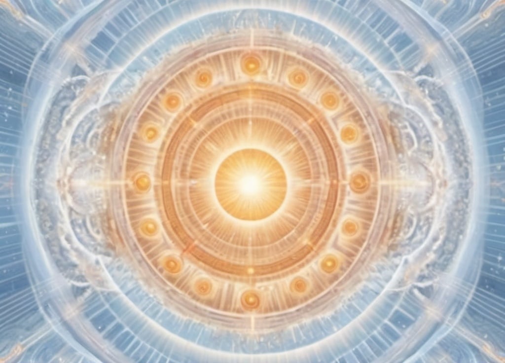 Prompt: An abstract image showing the concentric rings of the celestial Empyrean, metaphysical realm of order where the gods design the fate of all worlds with the ultimate radiance of creation at the center


