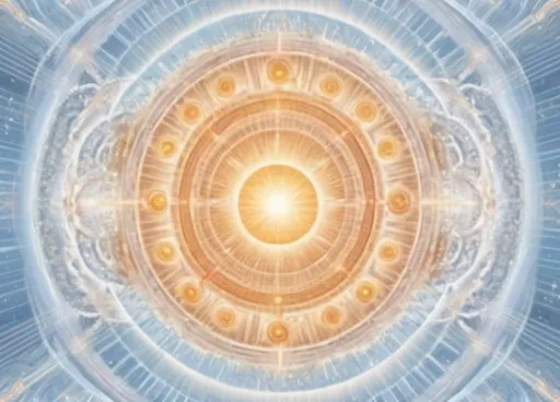 Prompt: An abstract image showing the concentric rings of the celestial Empyrean, metaphysical realm of order where the gods design the fate of all worlds with the ultimate radiance of creation at the center


