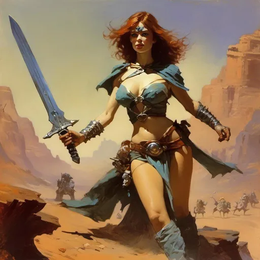 Prompt: A sword and planet style heroine in the tradition of John Carter of Mars and illustrated by Frank Frazetta <mymodel>
