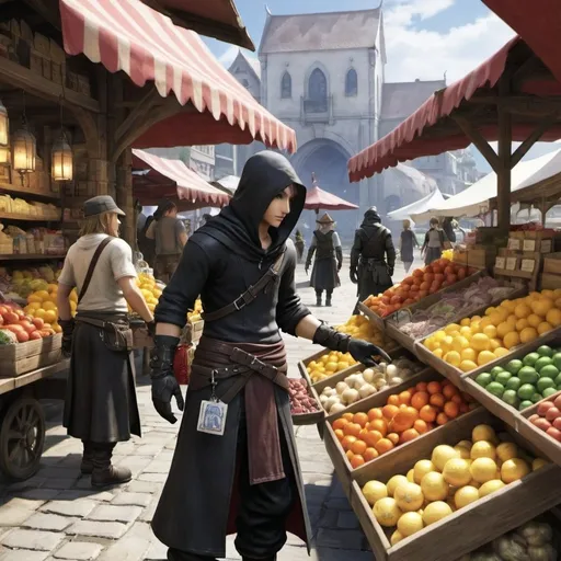 Prompt: A thief from Final Fantasy making a purchase at the market in the town of Cornelia