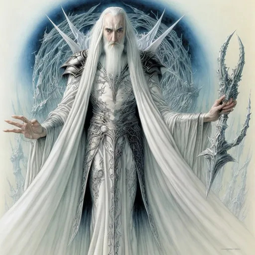 Prompt: Saruman the White in an illustration by Yoshitaka Amano, Daniel Merriam, fantasy art, yukito kishiro, a detailed painting, The Art of Yoshitaka Amano