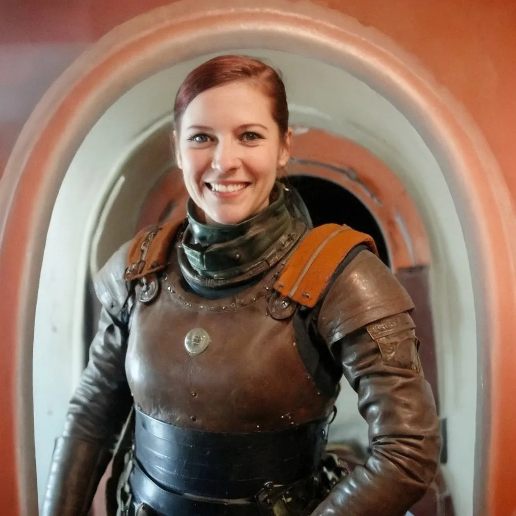 Prompt: Photo, dieselpunk, armor, confident grin, deploying from spaceship.