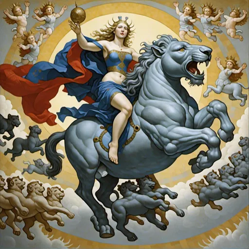 Prompt: <mymodel> The goddess Ishtar driving a flying chariot across the sky and pulled by seven enchanted lions