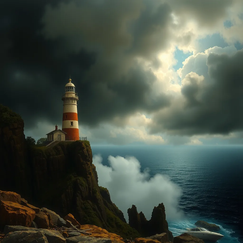 Prompt: William-Adolphe Bouguereau style, oil painting, oil painting, A lonely lighthouse on a windswept cliff, surrounded by the remains of a forgotten fishing village and a mysterious cave system beneath the cliffs, dramatic clouds, dark clouds, (misty:1.5), fog rolling in, creepy atmosphere, dramatic light, (darkness:2.5) 34K uhd, masterpiece, high detail, 8k, intricate, detailed, high resolution, high res, high quality, , highly detailed, Extremely high-resolution details, fine texture,i¼