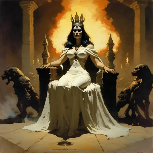 Prompt: Frank Frazetta artwork of the queen-priestess of an ancient land invoking a higher power amid shadows cast by a brazier <mymodel>
